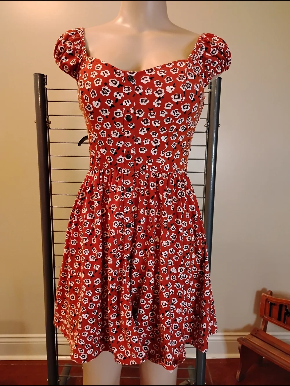 My Michelle Red Floral‎ Puff Sleeve Sweetheart Mini Dress Fit and Flare Womens